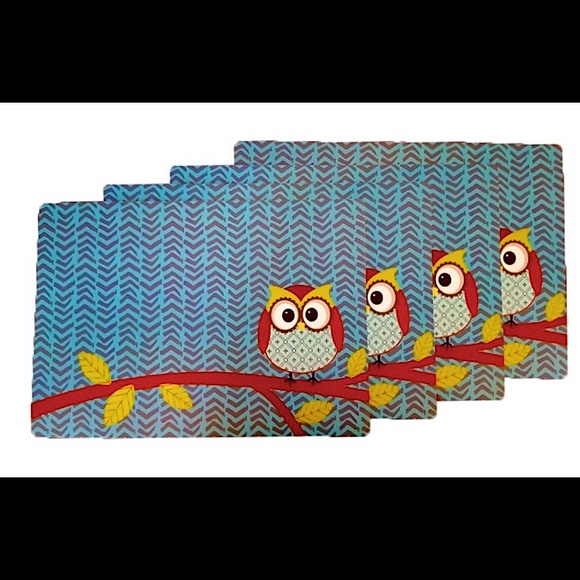 Set of 4 Placemats Woodland Owl 12”x17” Blue New - Picture 1 of 2